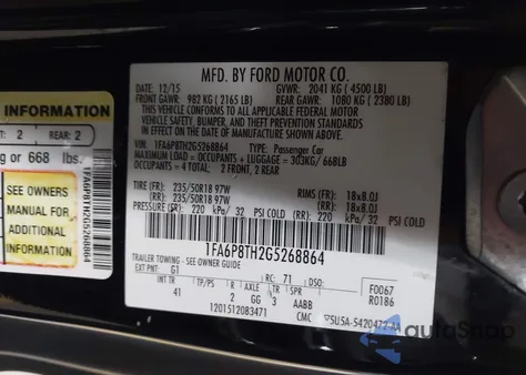 2016 Ford Mustang Ecoboost из США, поврежденный, VIN 1FA6P8TH2G5268864